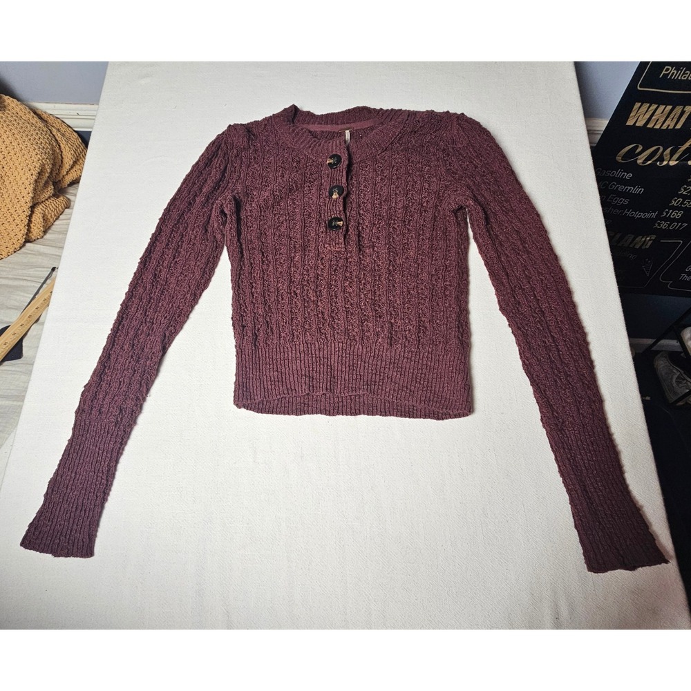 Free People Plum Burgundy Textured Cable Knit Henley Sweater Size S